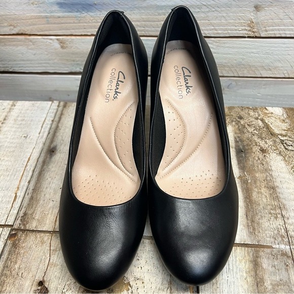 New Clarks Ambyr Joy Black Leather Pumps Classic High Heel Comfort Shoes Size 8M - Picture 5 of 8